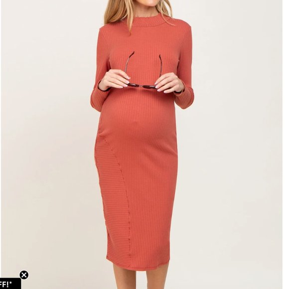 Pinkblush Dresses & Skirts - PinkBlush Rust Ribbed Long Sleeve Mock Neck Maternity Midi Dress Size Medium
